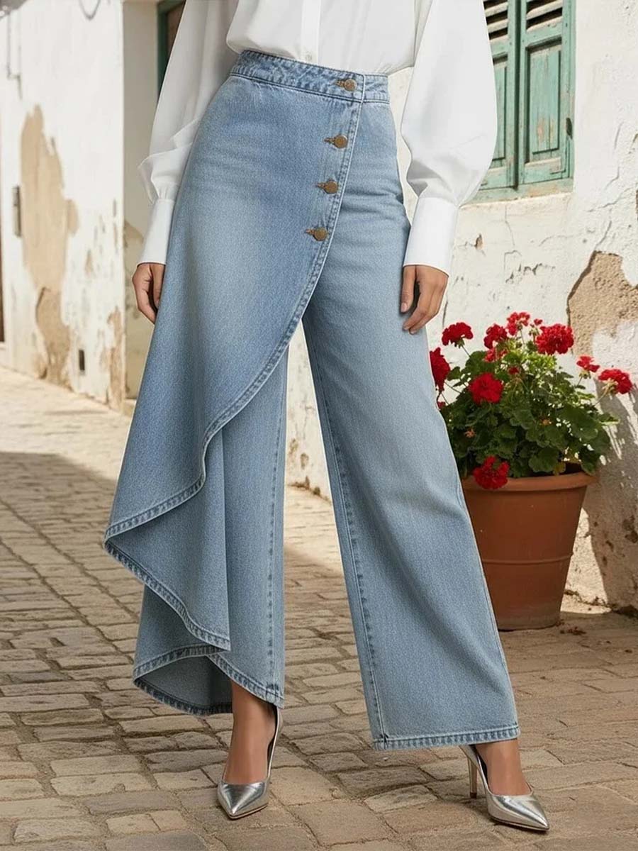 Valenza | Asymmetric Denim Palazzo Trousers